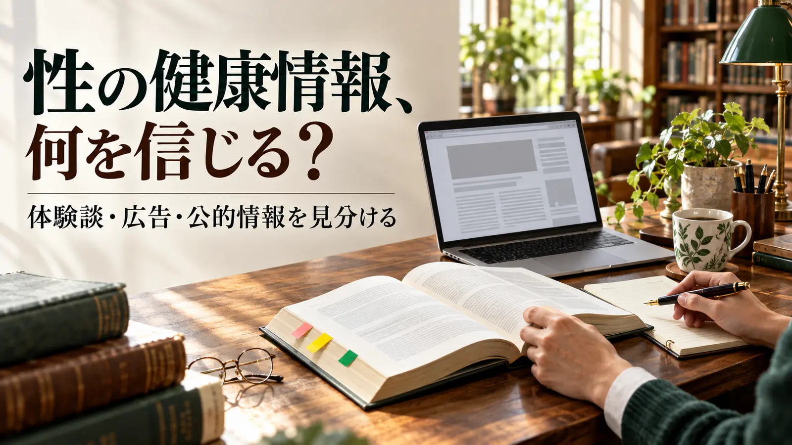 参考書・パソコン・ノートを並べて健康情報の根拠を調べる