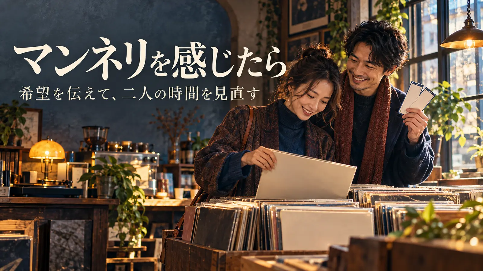レコードショップで二人でレコードを選び、新しい予定を考える男女