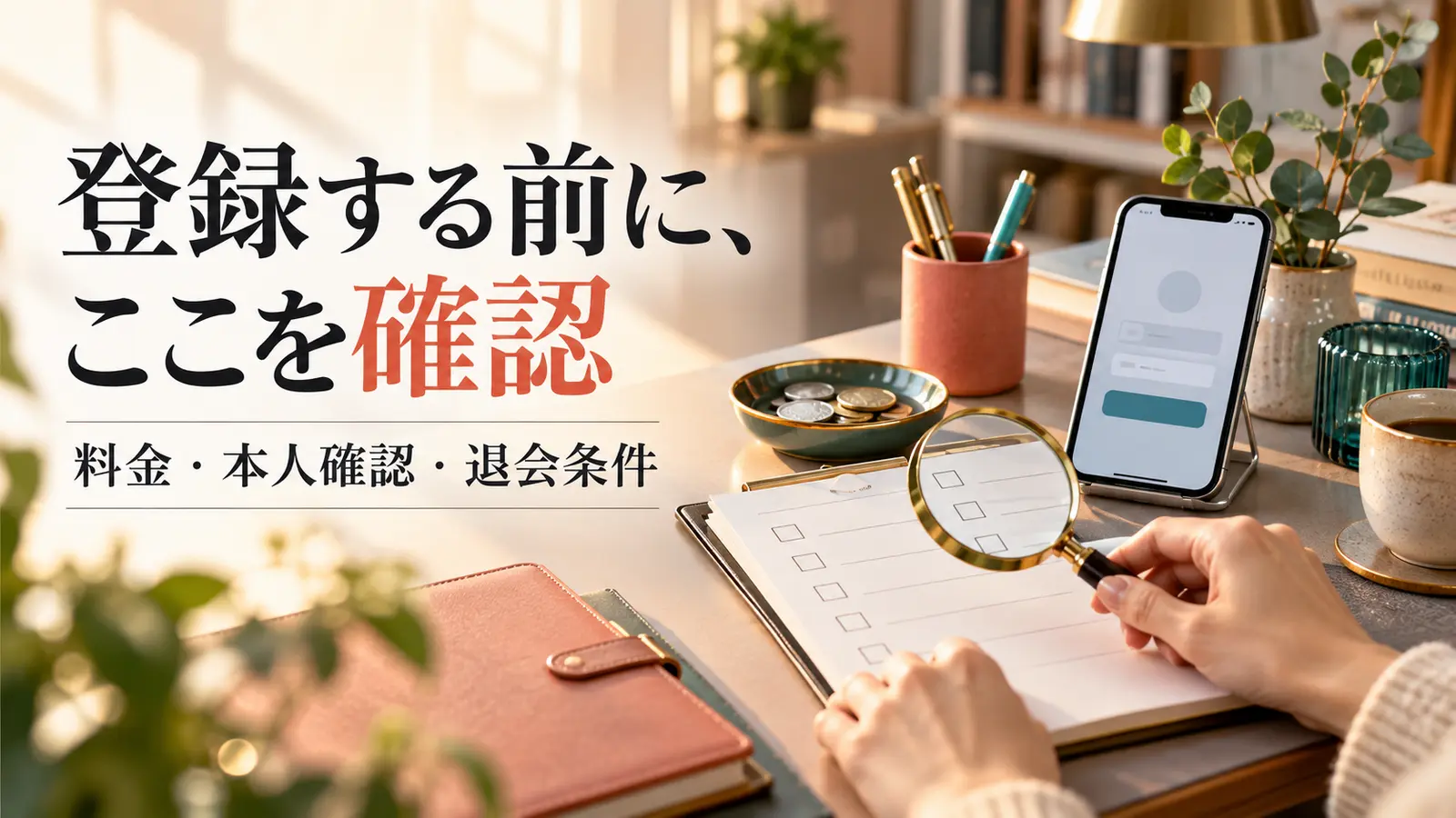 スマートフォンとチェックリストを使い料金や退会条件の確認をする手元
