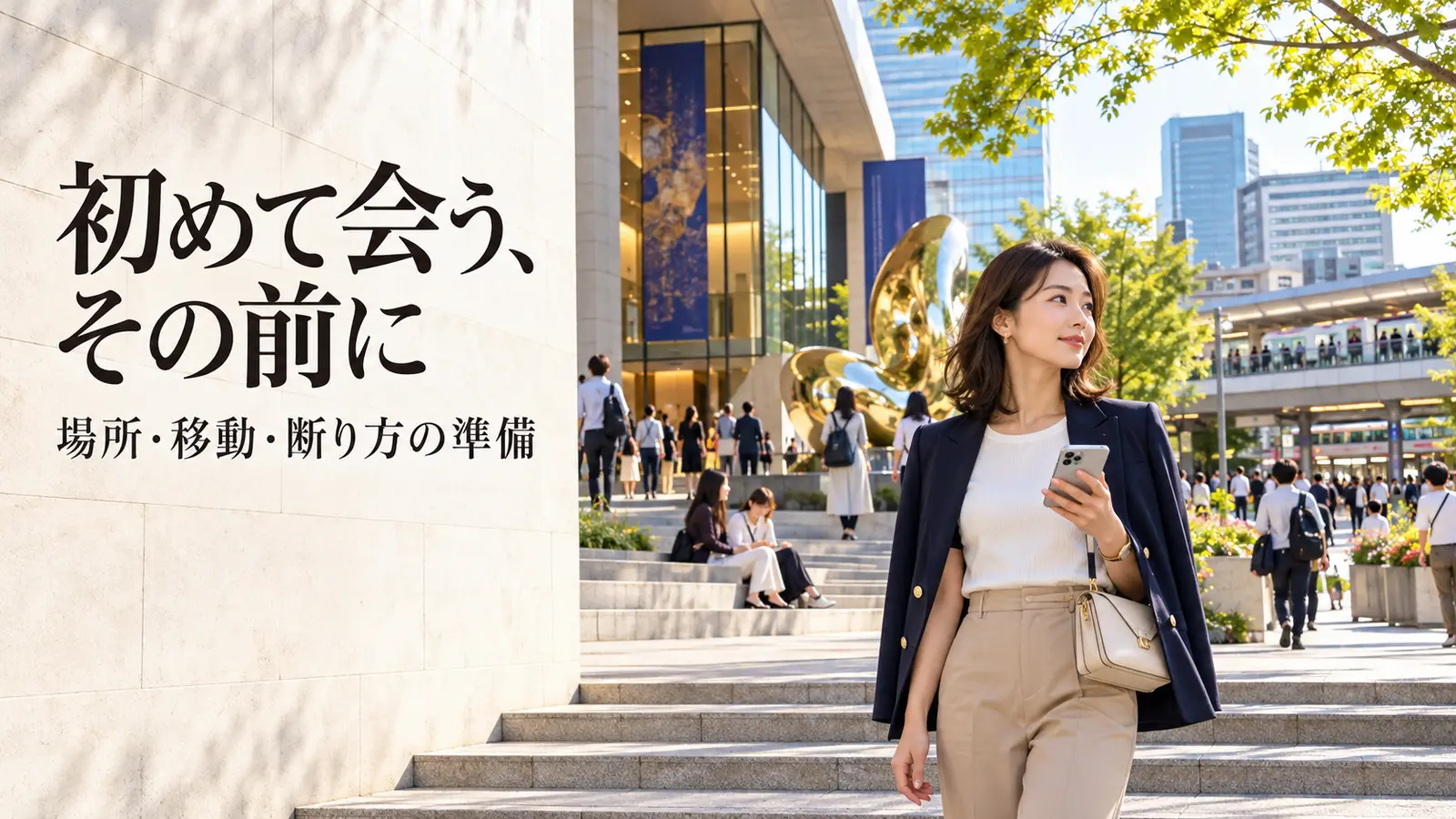 駅につながる人通りのある施設の前でスマホを確認する女性