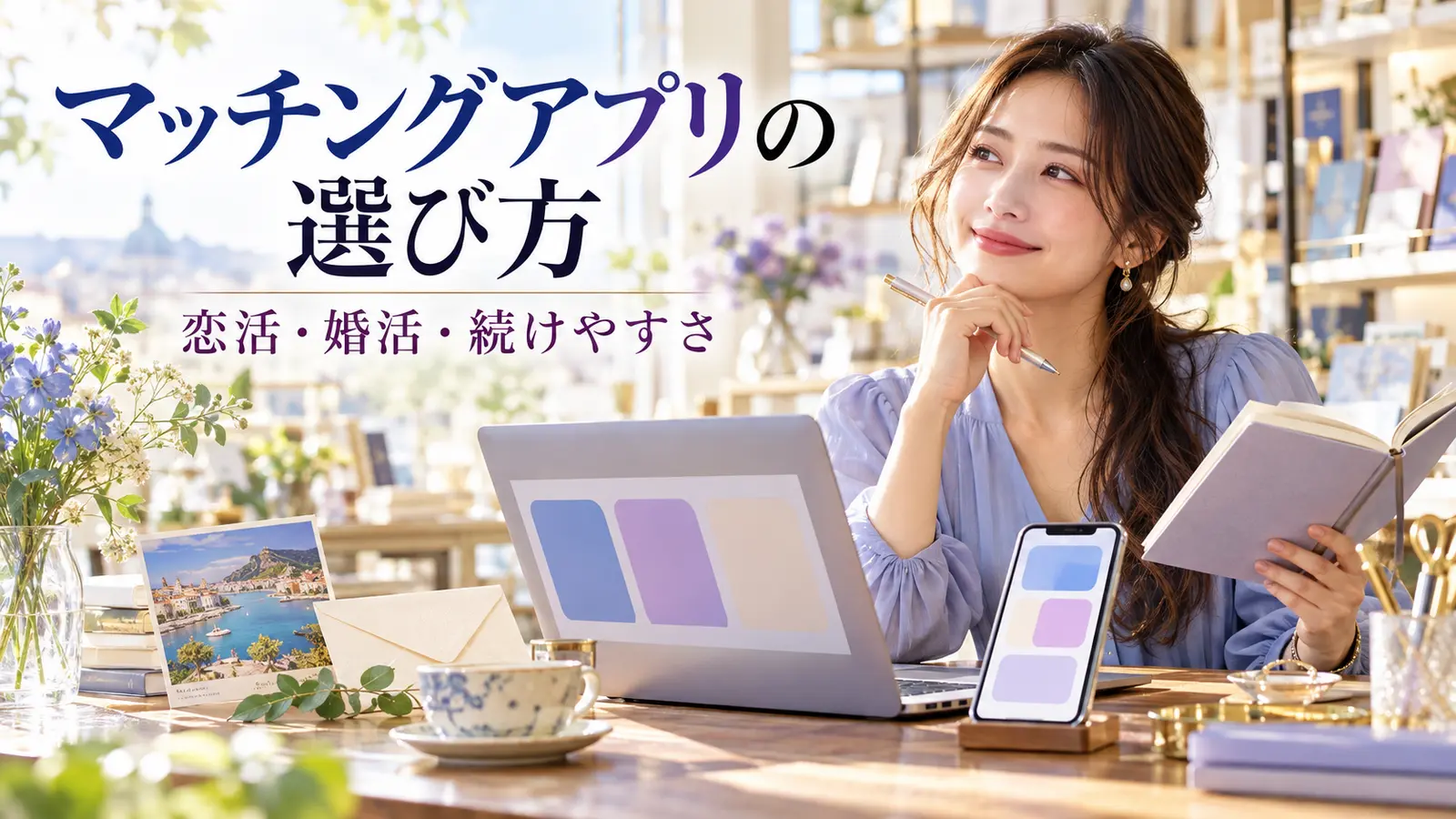 無地の抽象画面を表示するパソコンとスマホを前に目的を考える女性