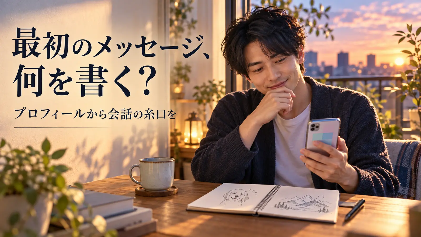 スマートフォンを持ちプロフィールの趣味を参考に文章を考える男性