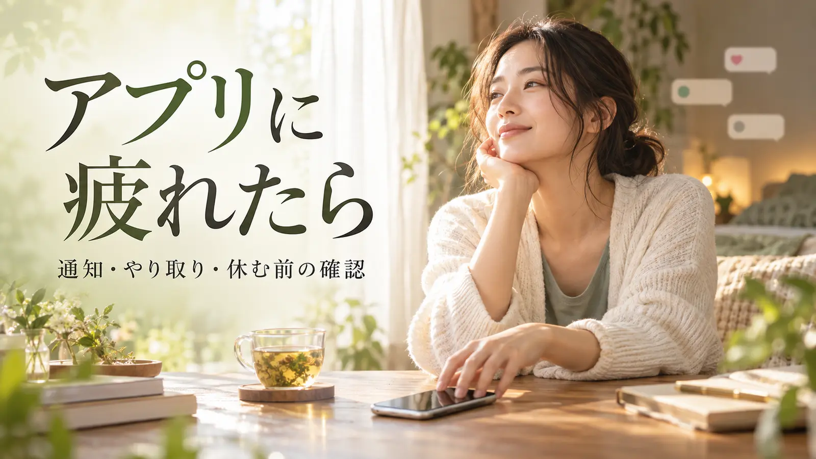 柔らかな朝の日差しの中、スマホをテーブルに置いて考える女性